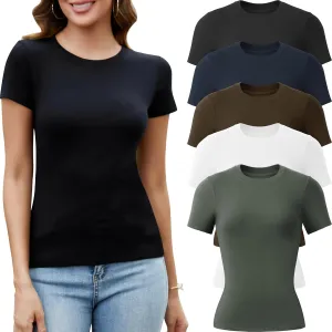 5 Pack Crew Neck T Shirts for Women Daily Casual Womens Fitted Tshirt Basic Tops for Women Stretchy Womens Tees