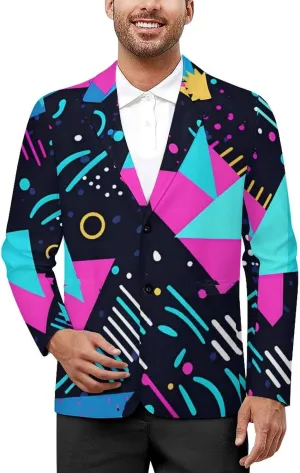 80s 90s Blue Pattern Men's Suit Jacket 2 Button Lapel Blazers Business Coat Tuxedo for Wedding Dinner