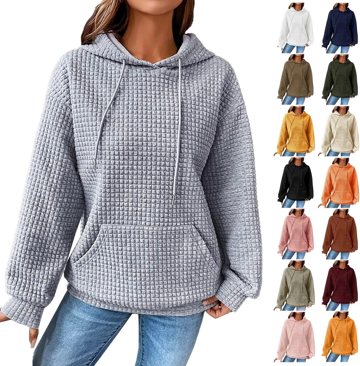 aihihe Women's Lightweight Waffle Hoodies 2023 Fall Casual Sweatshirt Trendy Dressy Drawstring Pullover Tops with Pockets