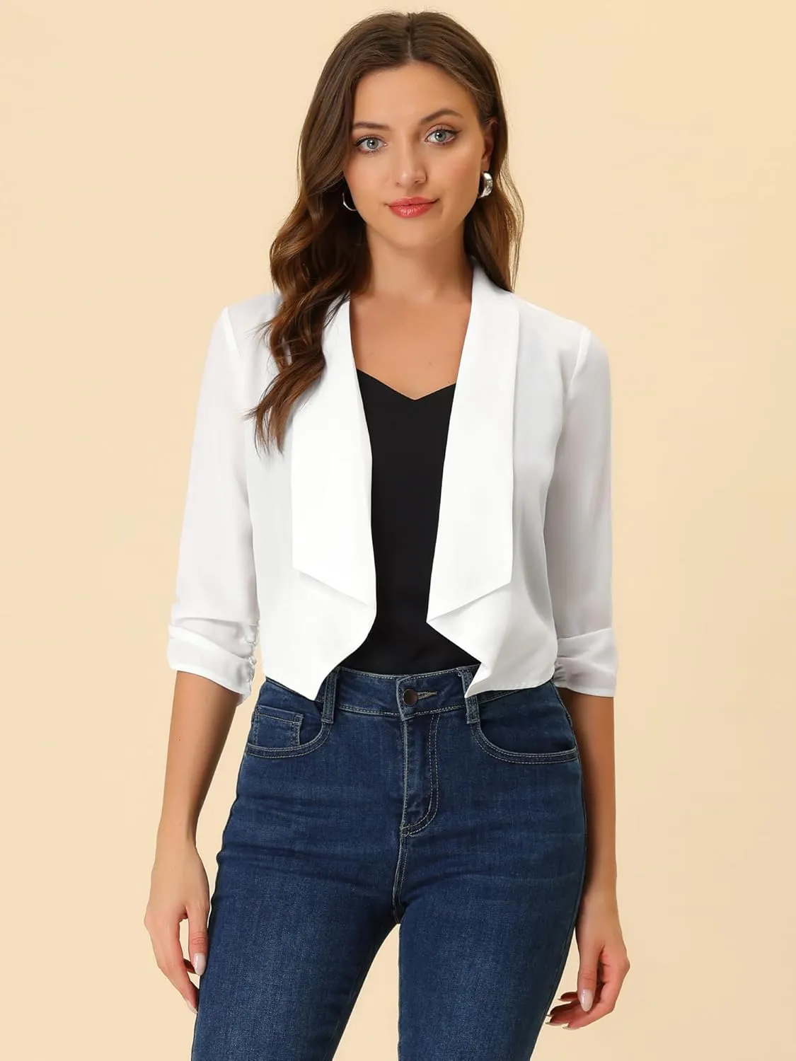 Allegra K Summer Chiffon Bolero Shrug Blazer for Women's 3/4 Ruched Sleeve Shawl Lapel Thin Lightweight Open Front Cardigans