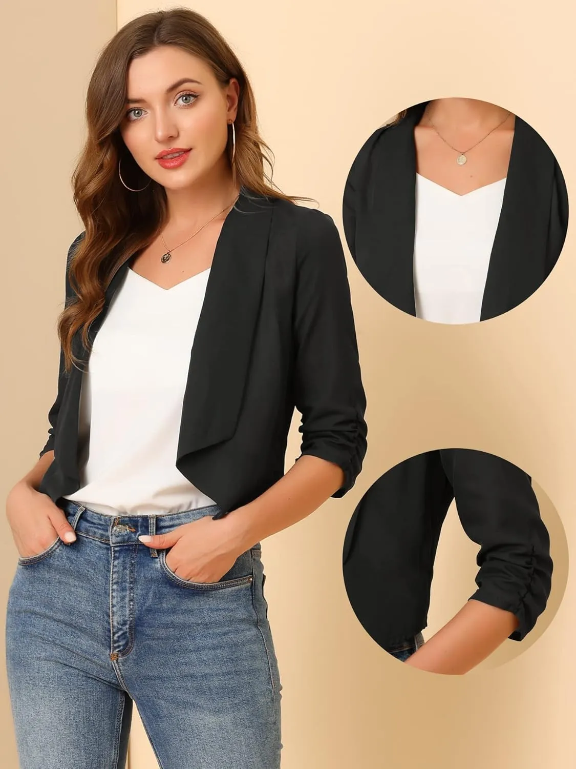 Allegra K Summer Chiffon Bolero Shrug Blazer for Women's 3/4 Ruched Sleeve Shawl Lapel Thin Lightweight Open Front Cardigans