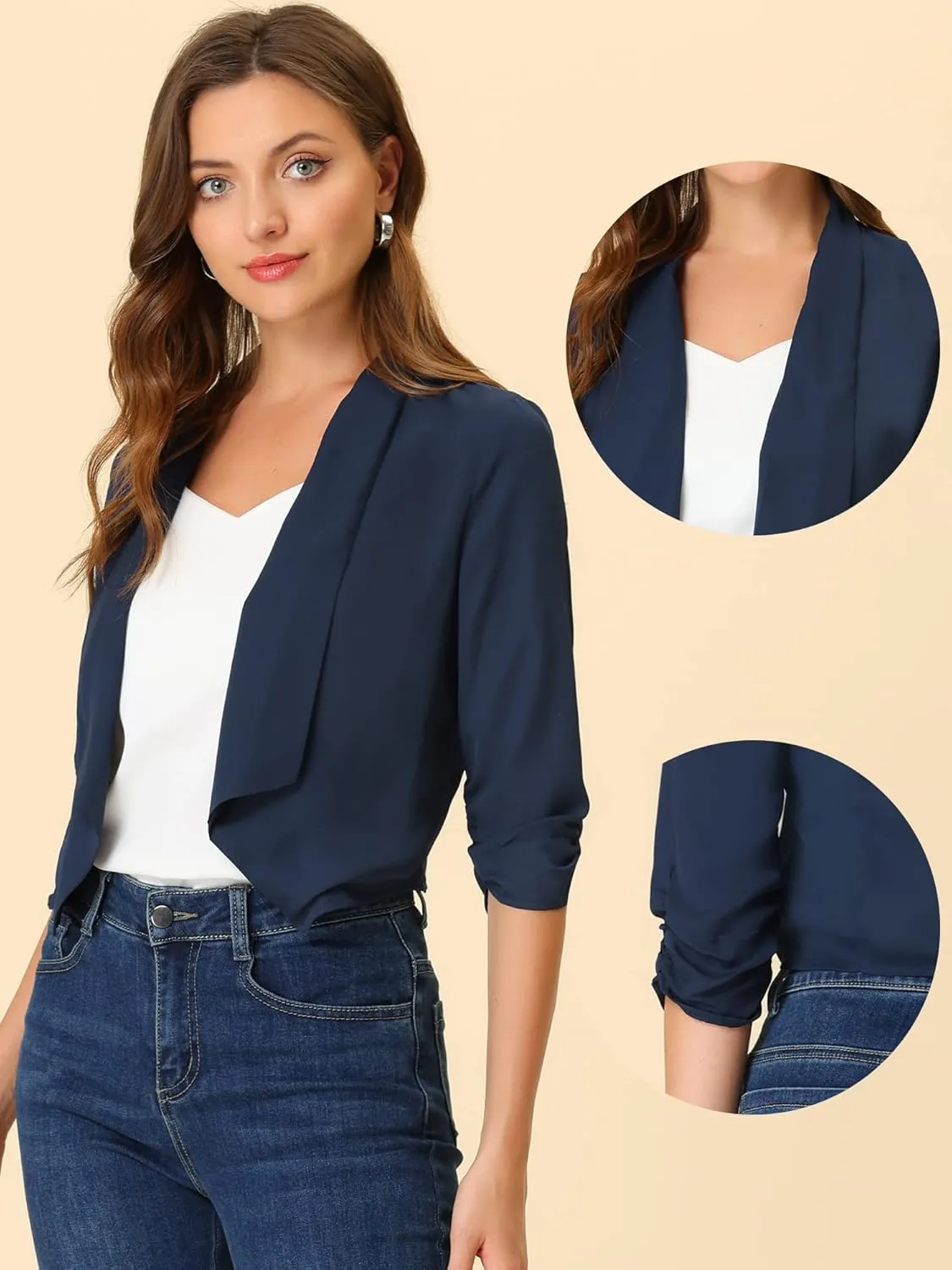 Allegra K Summer Chiffon Bolero Shrug Blazer for Women's 3/4 Ruched Sleeve Shawl Lapel Thin Lightweight Open Front Cardigans