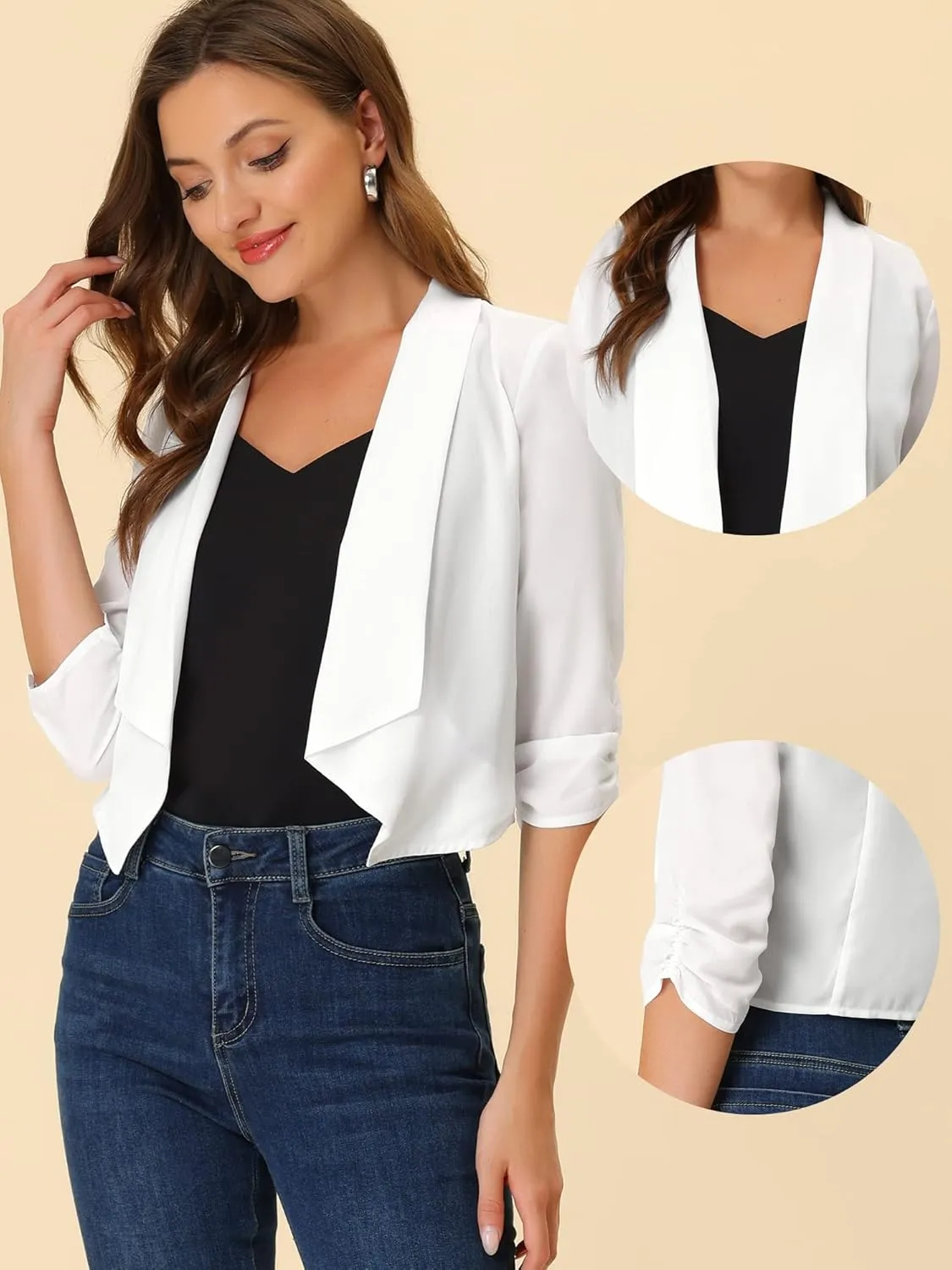 Allegra K Summer Chiffon Bolero Shrug Blazer for Women's 3/4 Ruched Sleeve Shawl Lapel Thin Lightweight Open Front Cardigans