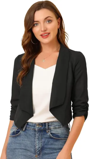 Allegra K Summer Chiffon Bolero Shrug Blazer for Women's 3/4 Ruched Sleeve Shawl Lapel Thin Lightweight Open Front Cardigans