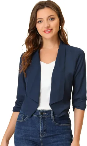 Allegra K Summer Chiffon Bolero Shrug Blazer for Women's 3/4 Ruched Sleeve Shawl Lapel Thin Lightweight Open Front Cardigans