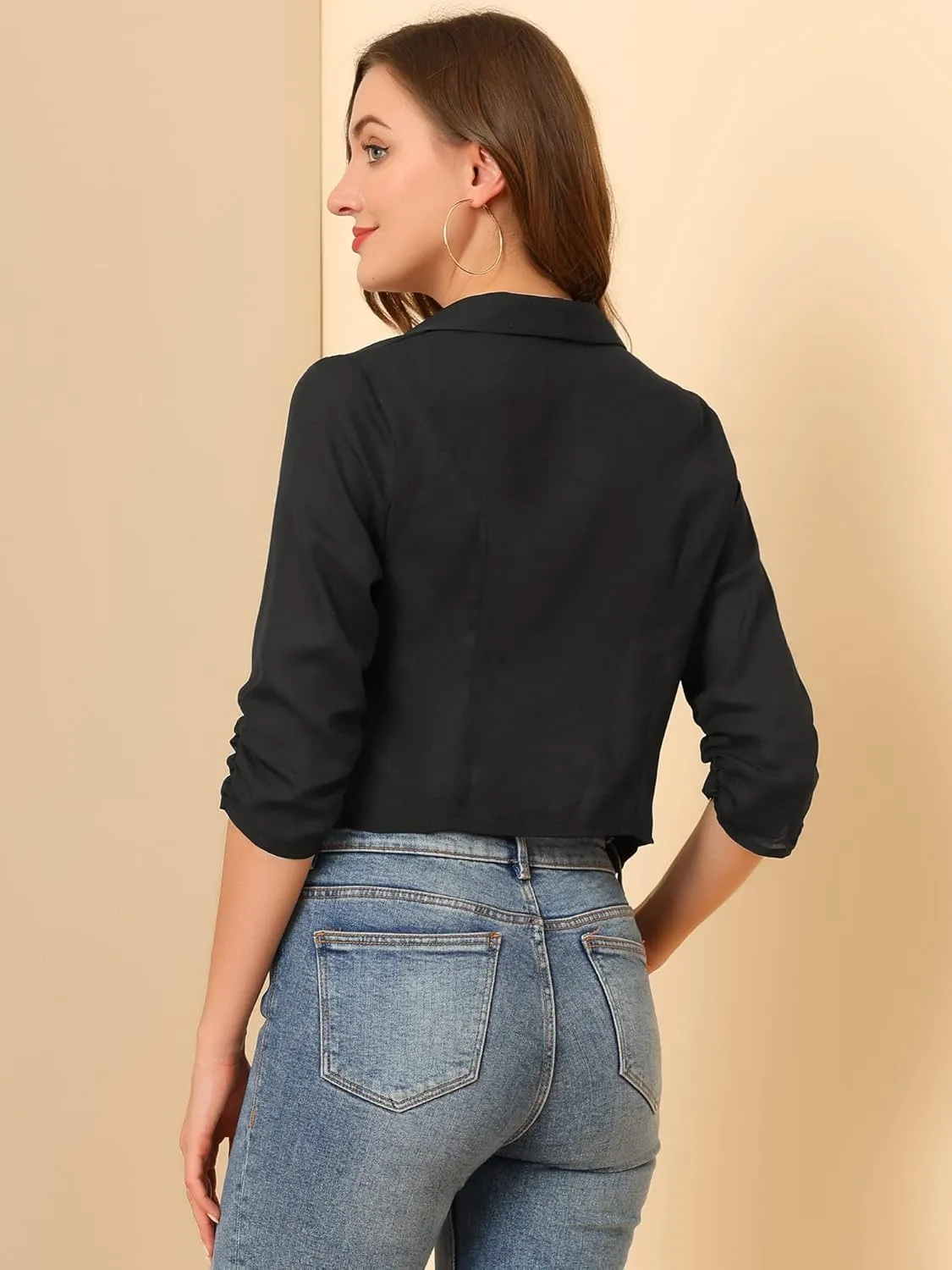 Allegra K Summer Chiffon Bolero Shrug Blazer for Women's 3/4 Ruched Sleeve Shawl Lapel Thin Lightweight Open Front Cardigans