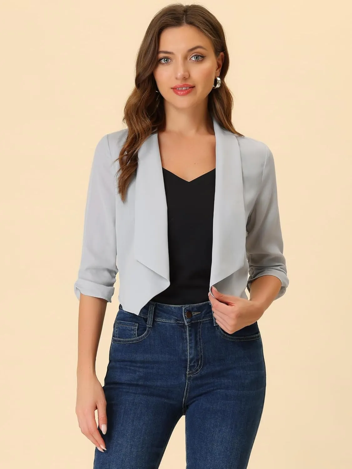 Allegra K Summer Chiffon Bolero Shrug Blazer for Women's 3/4 Ruched Sleeve Shawl Lapel Thin Lightweight Open Front Cardigans