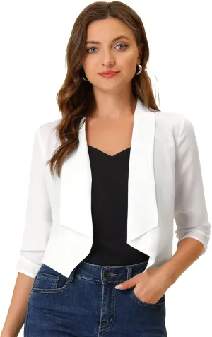 Allegra K Summer Chiffon Bolero Shrug Blazer for Women's 3/4 Ruched Sleeve Shawl Lapel Thin Lightweight Open Front Cardigans