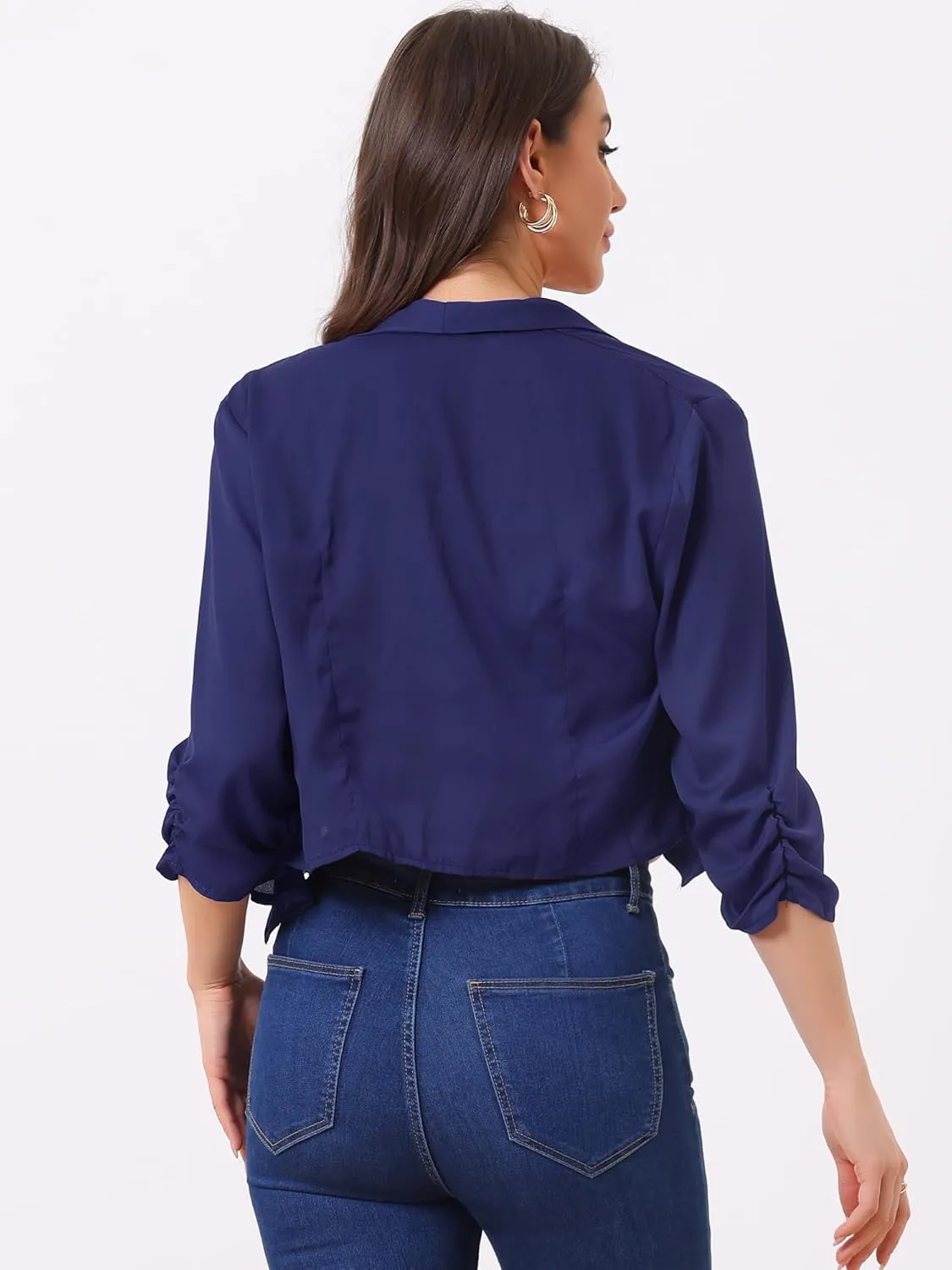 Allegra K Summer Chiffon Bolero Shrug Blazer for Women's 3/4 Ruched Sleeve Shawl Lapel Thin Lightweight Open Front Cardigans