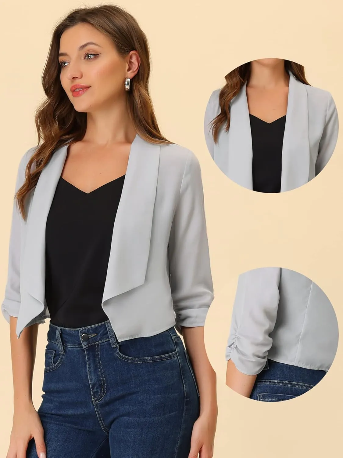 Allegra K Summer Chiffon Bolero Shrug Blazer for Women's 3/4 Ruched Sleeve Shawl Lapel Thin Lightweight Open Front Cardigans