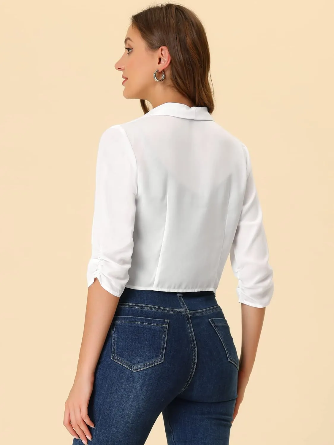 Allegra K Summer Chiffon Bolero Shrug Blazer for Women's 3/4 Ruched Sleeve Shawl Lapel Thin Lightweight Open Front Cardigans