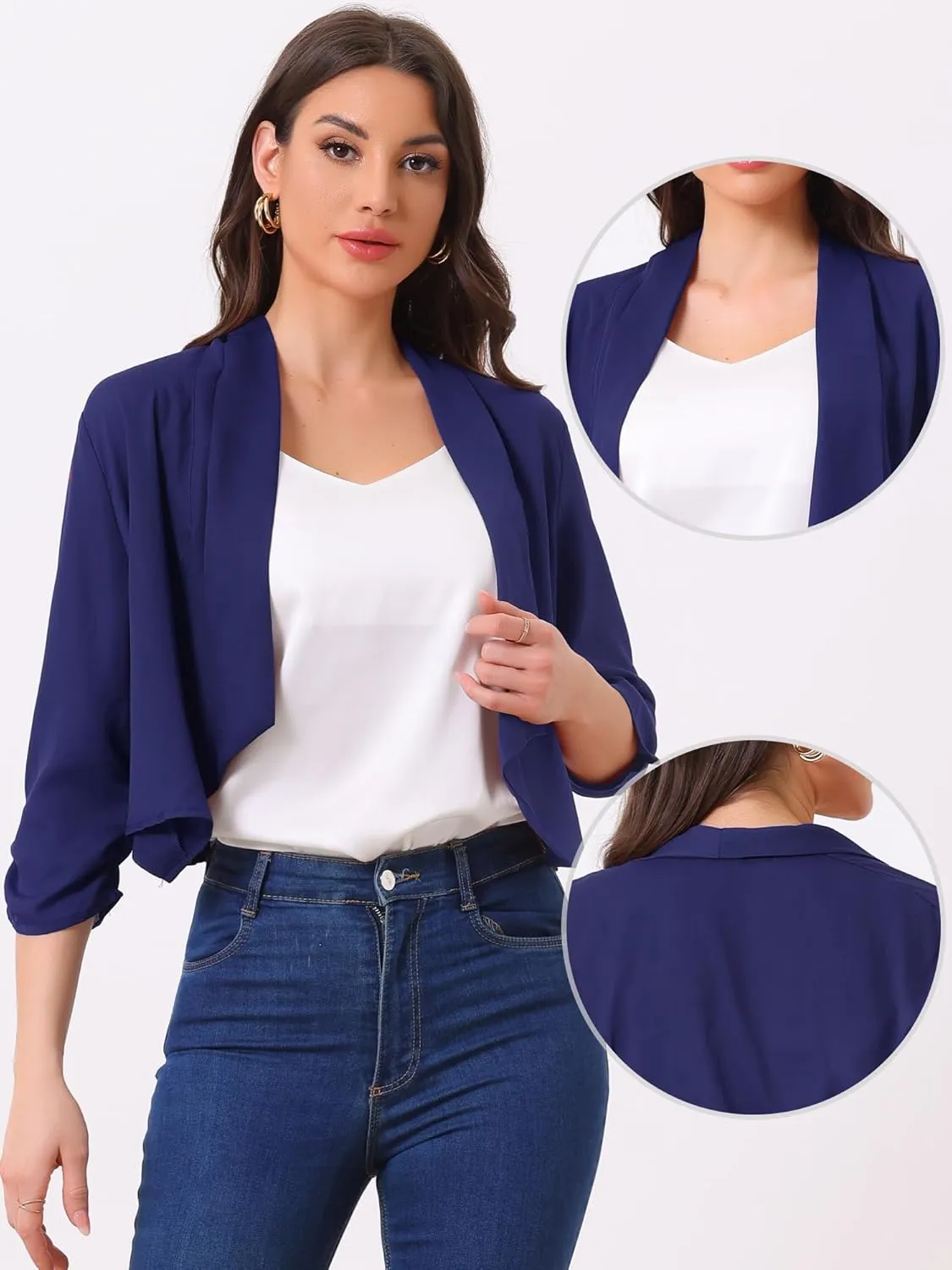 Allegra K Summer Chiffon Bolero Shrug Blazer for Women's 3/4 Ruched Sleeve Shawl Lapel Thin Lightweight Open Front Cardigans