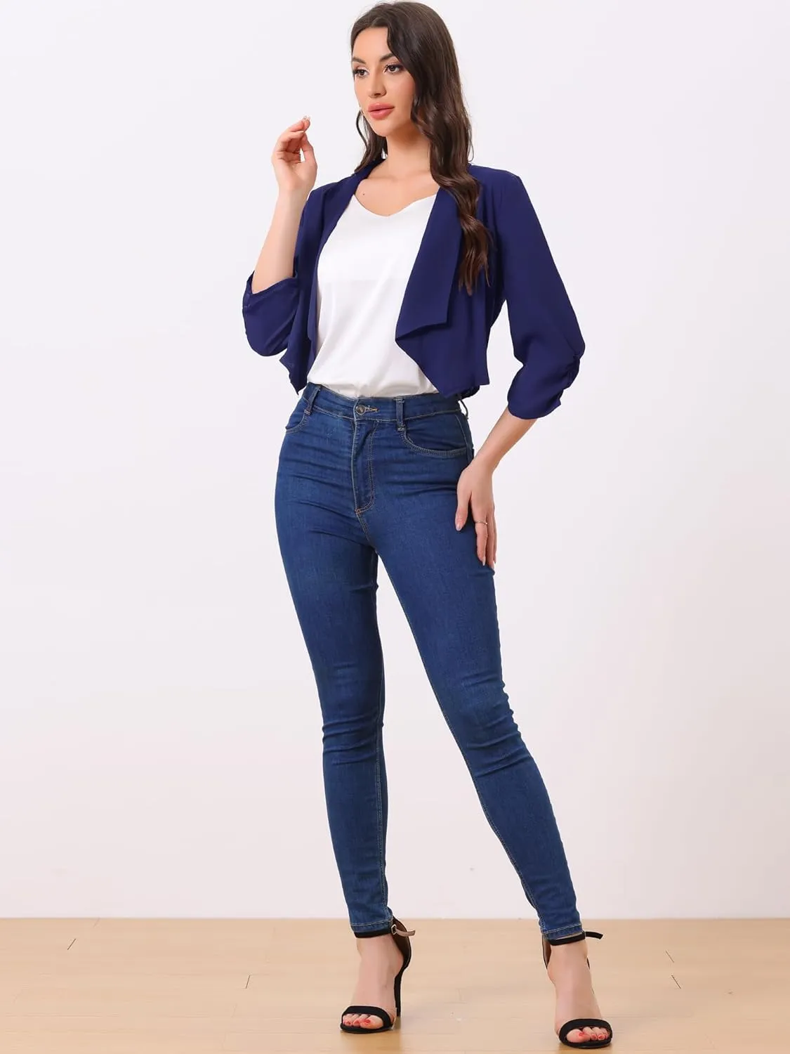 Allegra K Summer Chiffon Bolero Shrug Blazer for Women's 3/4 Ruched Sleeve Shawl Lapel Thin Lightweight Open Front Cardigans