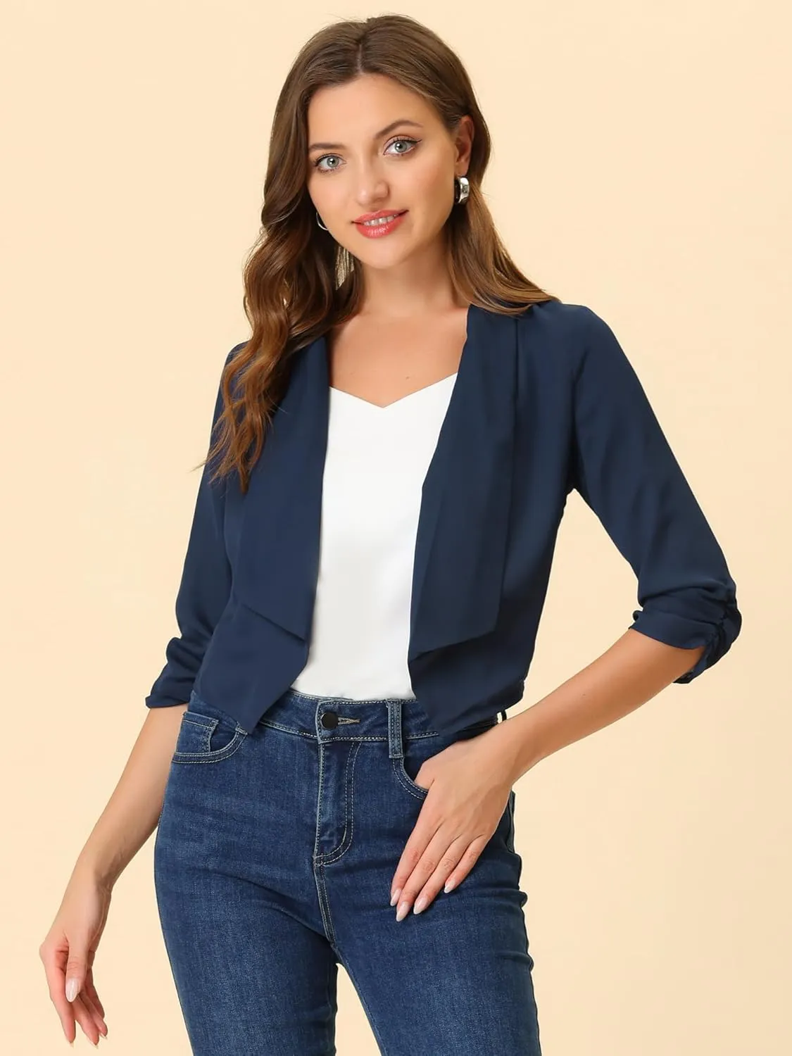 Allegra K Summer Chiffon Bolero Shrug Blazer for Women's 3/4 Ruched Sleeve Shawl Lapel Thin Lightweight Open Front Cardigans