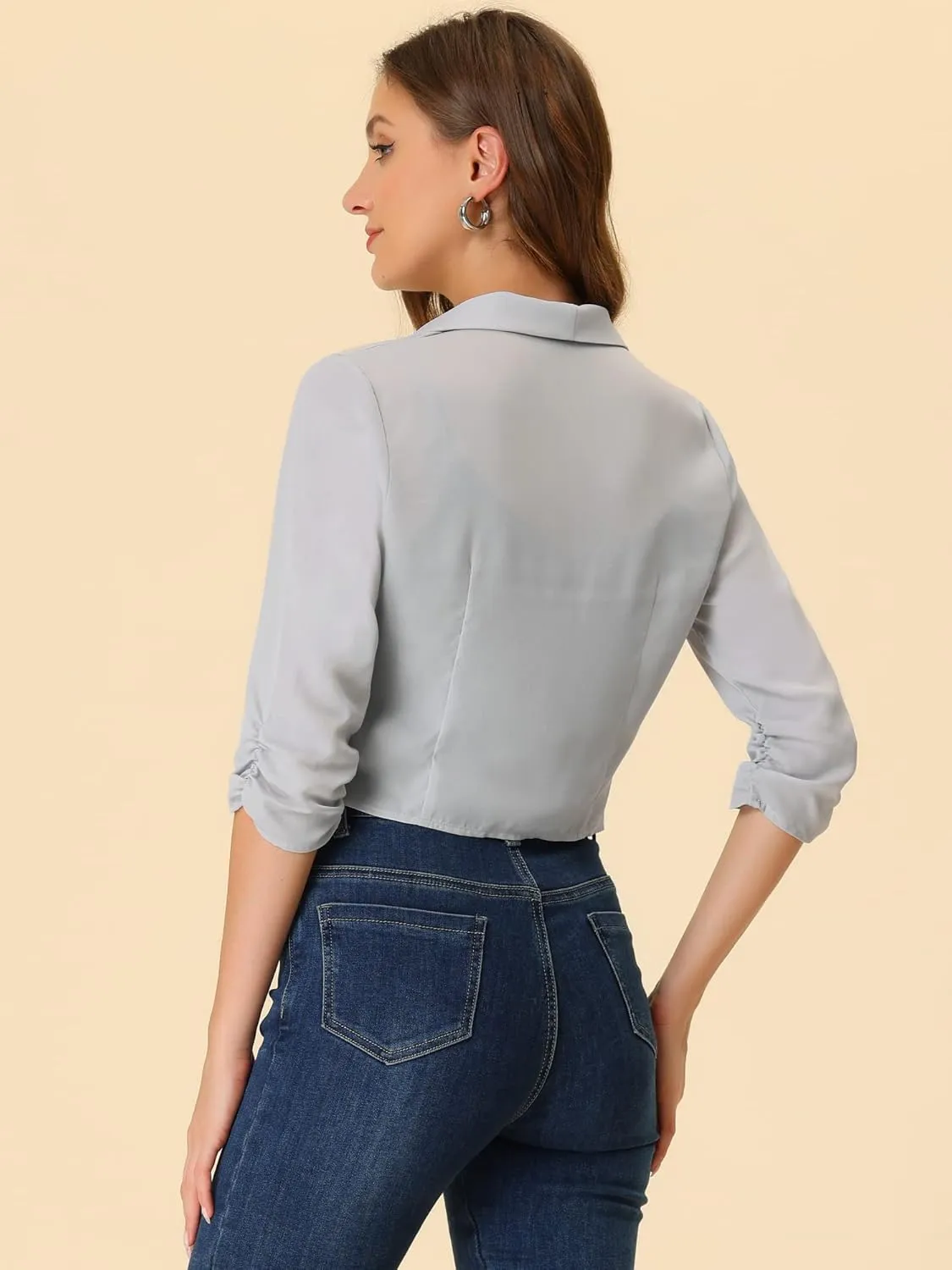 Allegra K Summer Chiffon Bolero Shrug Blazer for Women's 3/4 Ruched Sleeve Shawl Lapel Thin Lightweight Open Front Cardigans