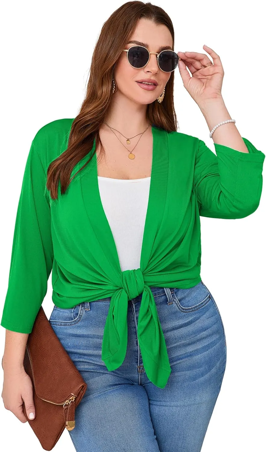 AusLook Women's Plus Size Lightweight Open Front Cardigan 3/4 Sleeve Cover Ups Shrugs Shawls and Wraps Kimono Jacket Coat