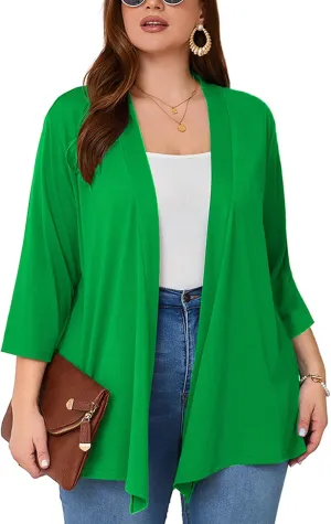 AusLook Women's Plus Size Lightweight Open Front Cardigan 3/4 Sleeve Cover Ups Shrugs Shawls and Wraps Kimono Jacket Coat