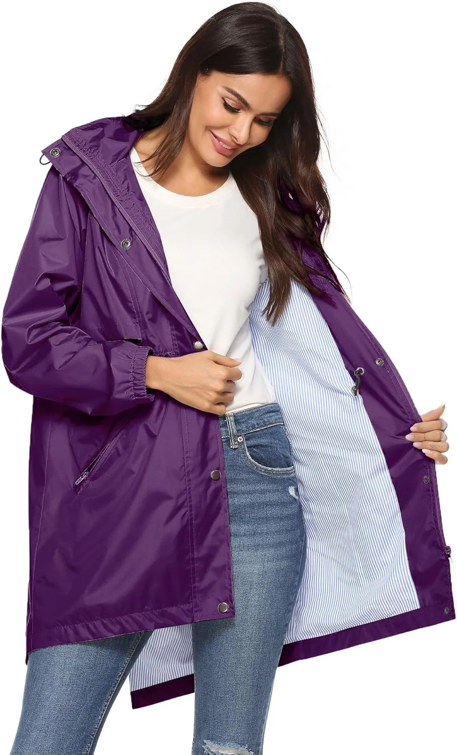 Avoogue Womens Raincoats Waterproof Cinch Waist Breathable All Weather Jacket Long