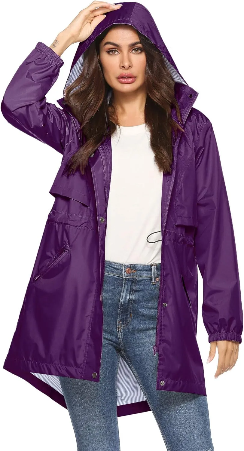Avoogue Womens Raincoats Waterproof Cinch Waist Breathable All Weather Jacket Long