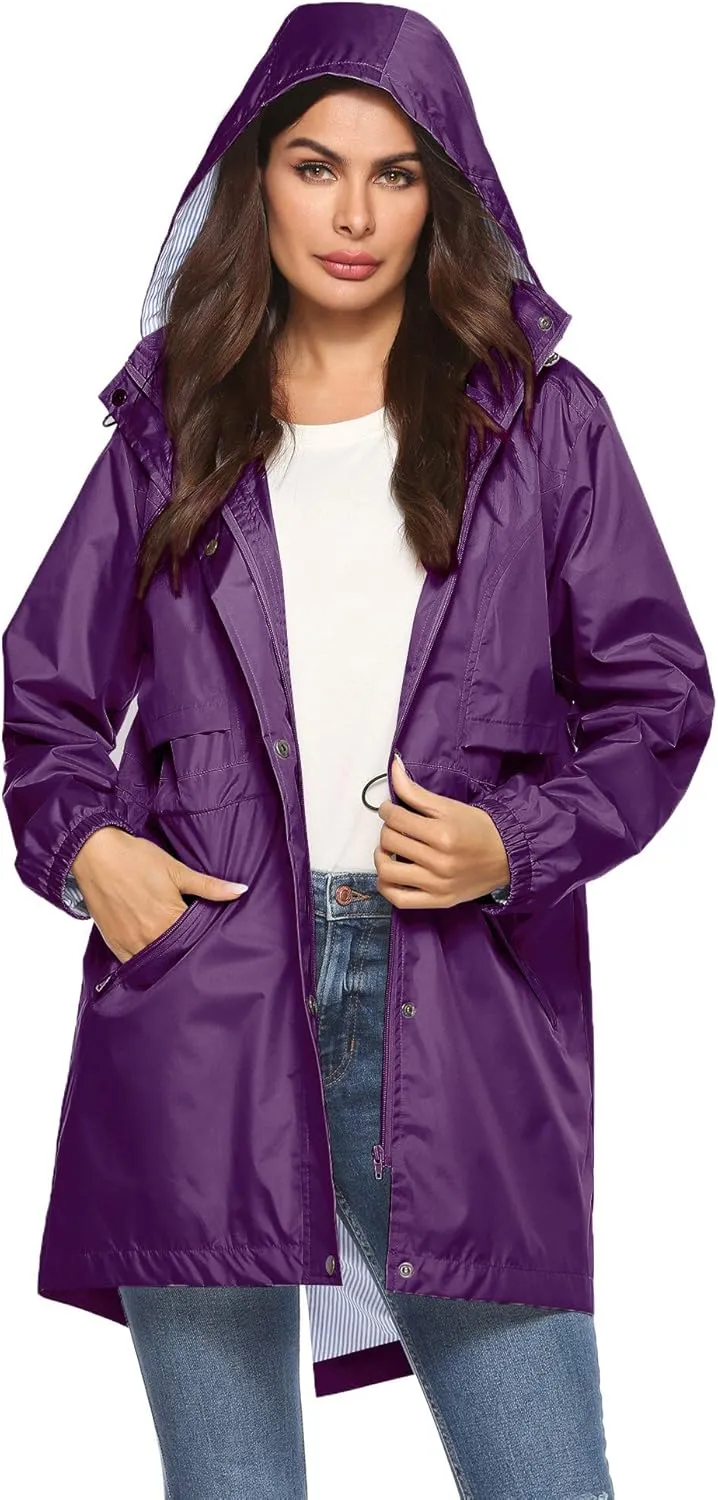 Avoogue Womens Raincoats Waterproof Cinch Waist Breathable All Weather Jacket Long