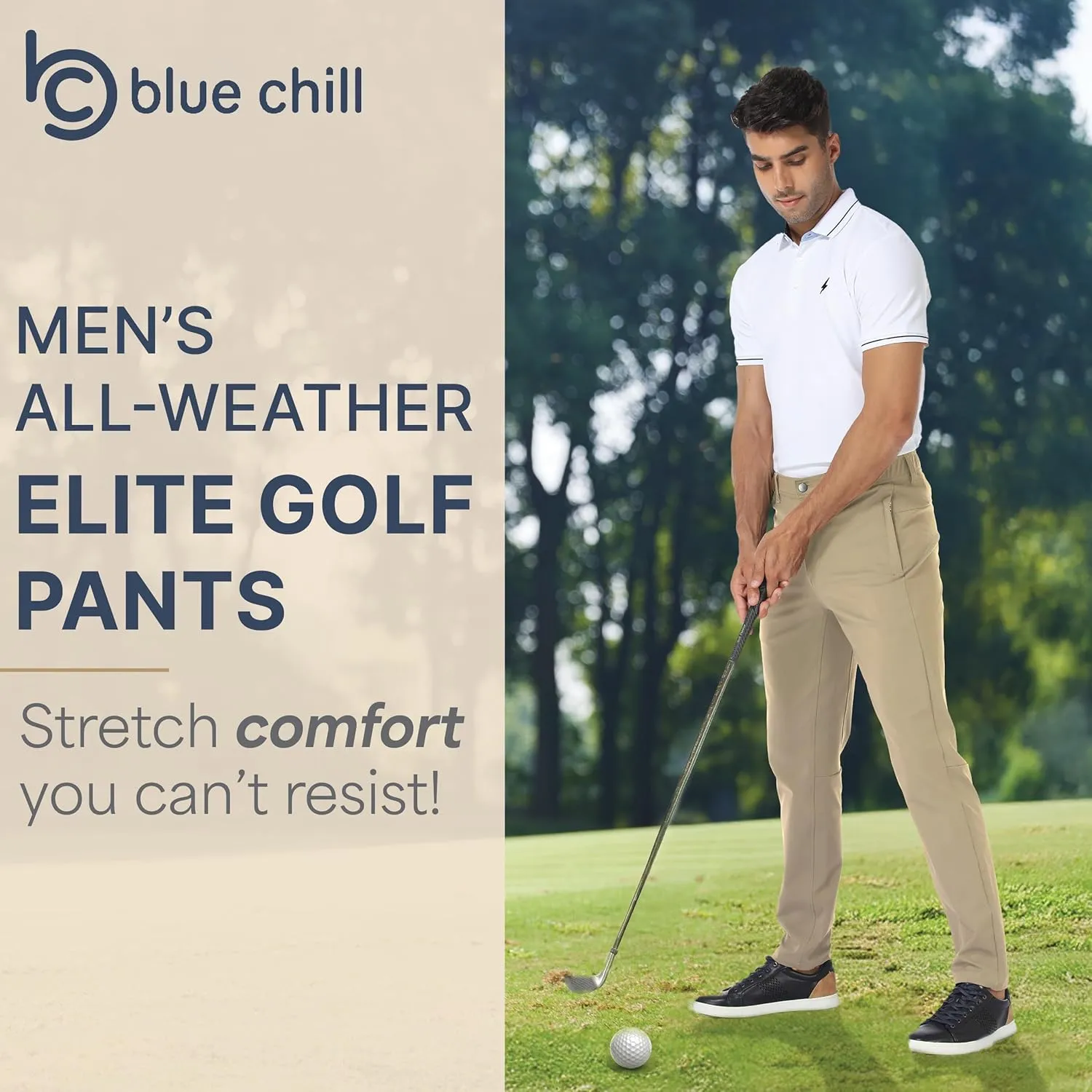 BLUE CHILL Elite Golf Pants for Men, Water Resistant All-Weather Casual Pants, Soft Lightweight, Secure Zip Pockets, Slim Fit