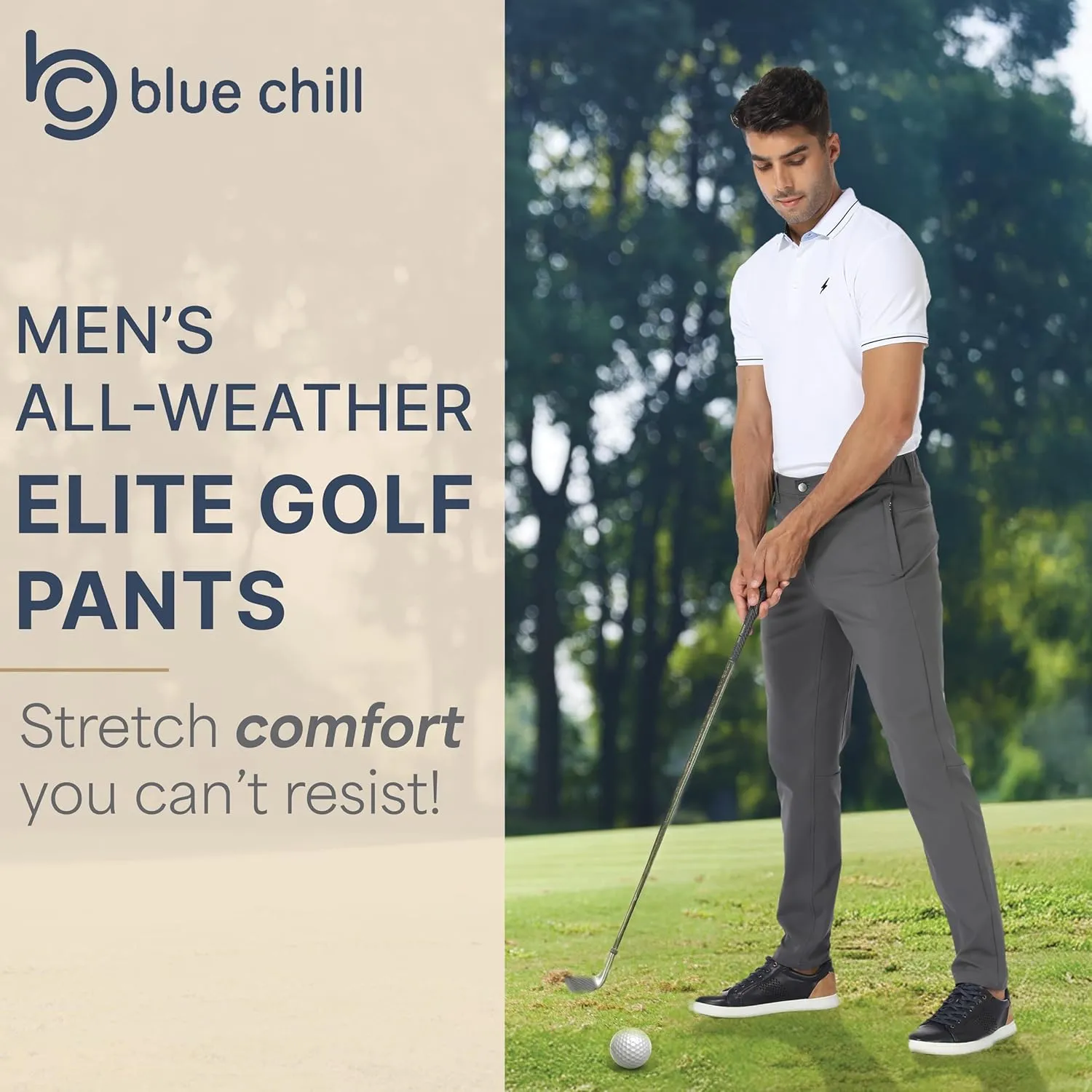 BLUE CHILL Elite Golf Pants for Men, Water Resistant All-Weather Casual Pants, Soft Lightweight, Secure Zip Pockets, Slim Fit