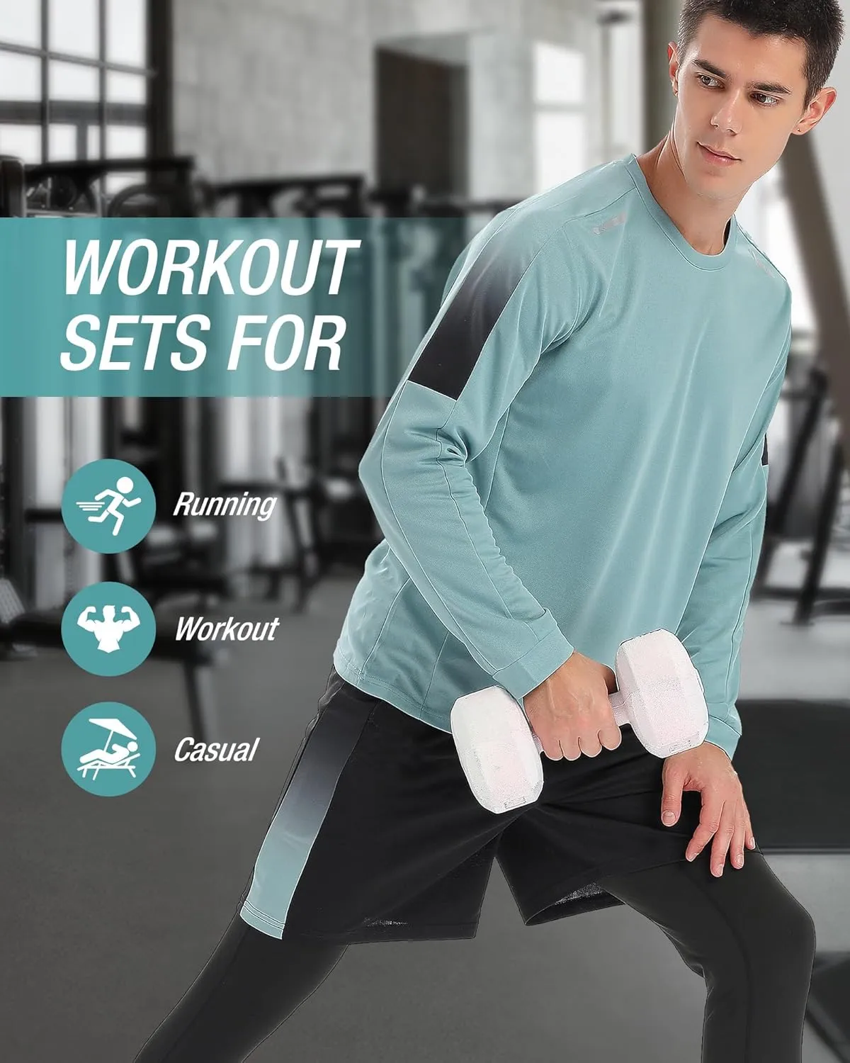 BOOMCOOL Gym Clothes workout shorts and long sleeve shirts for men running dry fit athletic outfits sets 6 pack