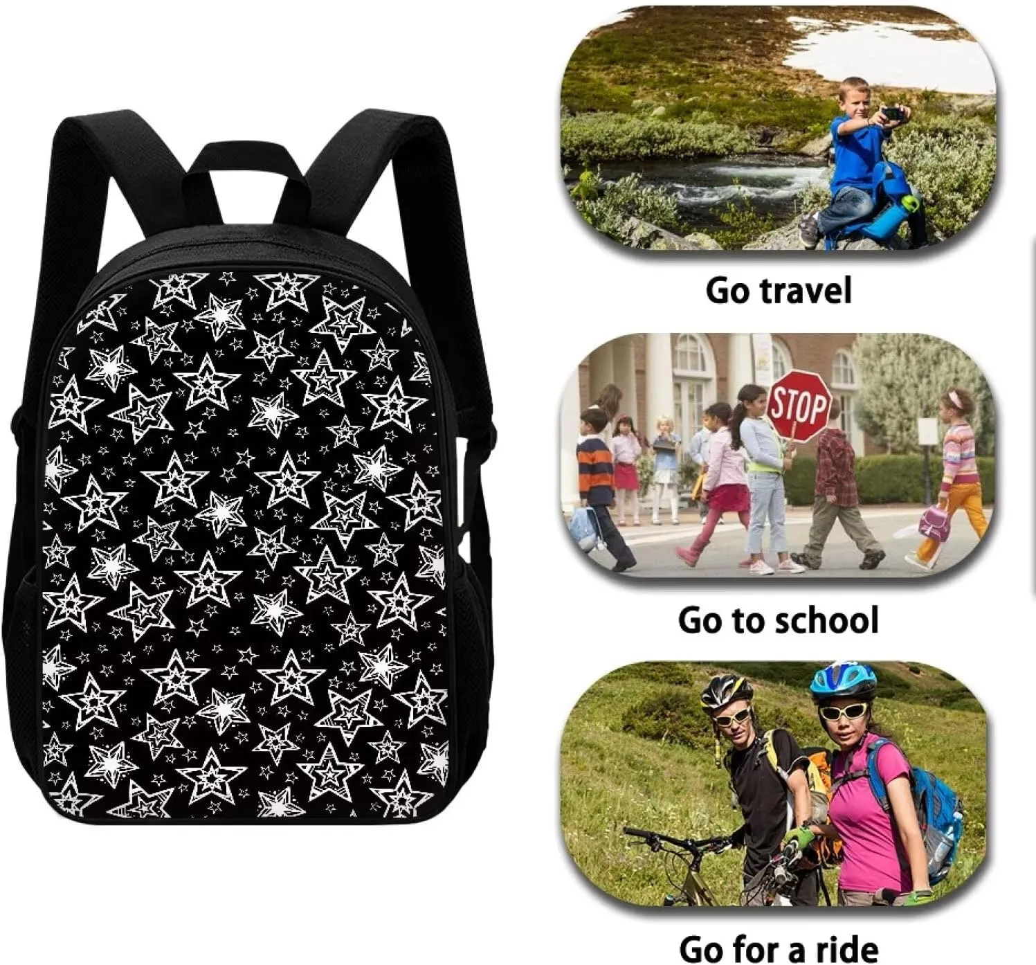 Boys Girl Backpack Set for Students  Cool Stars Minimalist Print Schoolbag Bookbag, Lunch Tote, Pencil Pouch, Polyester Fabric, Large Capacity, Side Bottle Holder Designs for Kids Teens