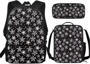 Boys Girl Backpack Set for Students  Cool Stars Minimalist Print Schoolbag Bookbag, Lunch Tote, Pencil Pouch, Polyester Fabric, Large Capacity, Side Bottle Holder Designs for Kids Teens