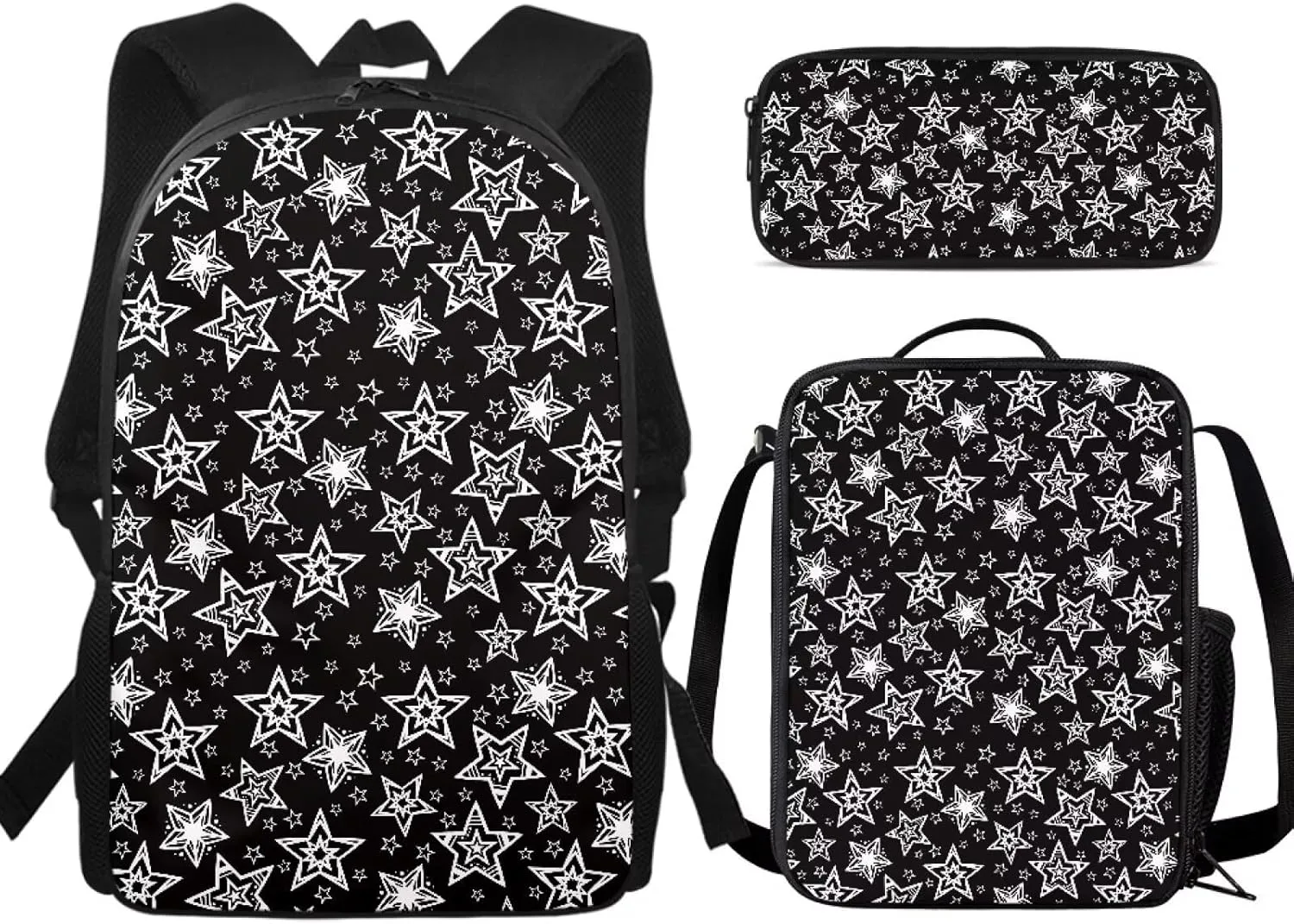 Boys Girl Backpack Set for Students  Cool Stars Minimalist Print Schoolbag Bookbag, Lunch Tote, Pencil Pouch, Polyester Fabric, Large Capacity, Side Bottle Holder Designs for Kids Teens
