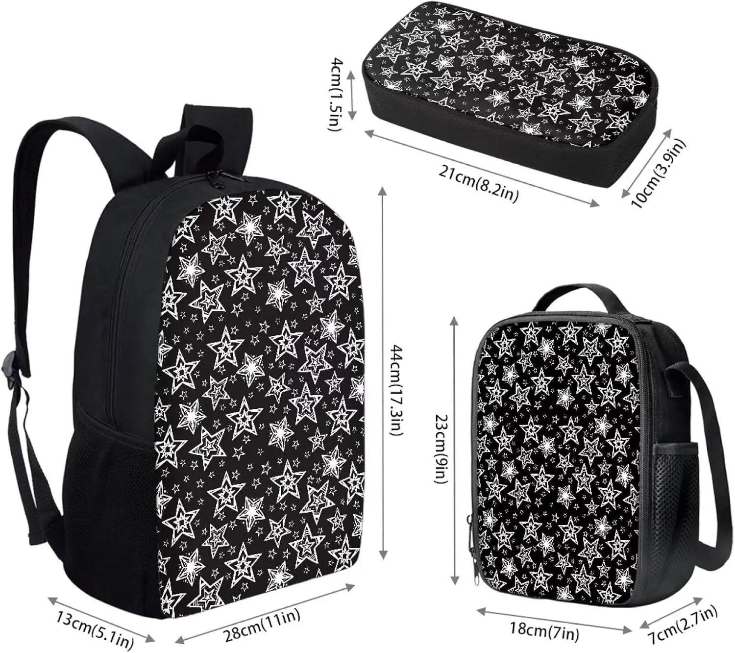 Boys Girl Backpack Set for Students  Cool Stars Minimalist Print Schoolbag Bookbag, Lunch Tote, Pencil Pouch, Polyester Fabric, Large Capacity, Side Bottle Holder Designs for Kids Teens