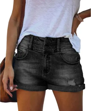 Casual Denim Shorts for Women High Waist Frayed Hem Ripped Summer Jeans Short Hot Pants with Pockets
