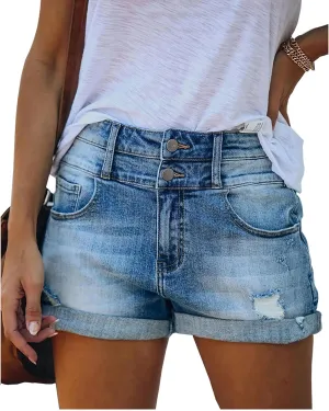 Casual Denim Shorts for Women High Waist Frayed Hem Ripped Summer Jeans Short Hot Pants with Pockets