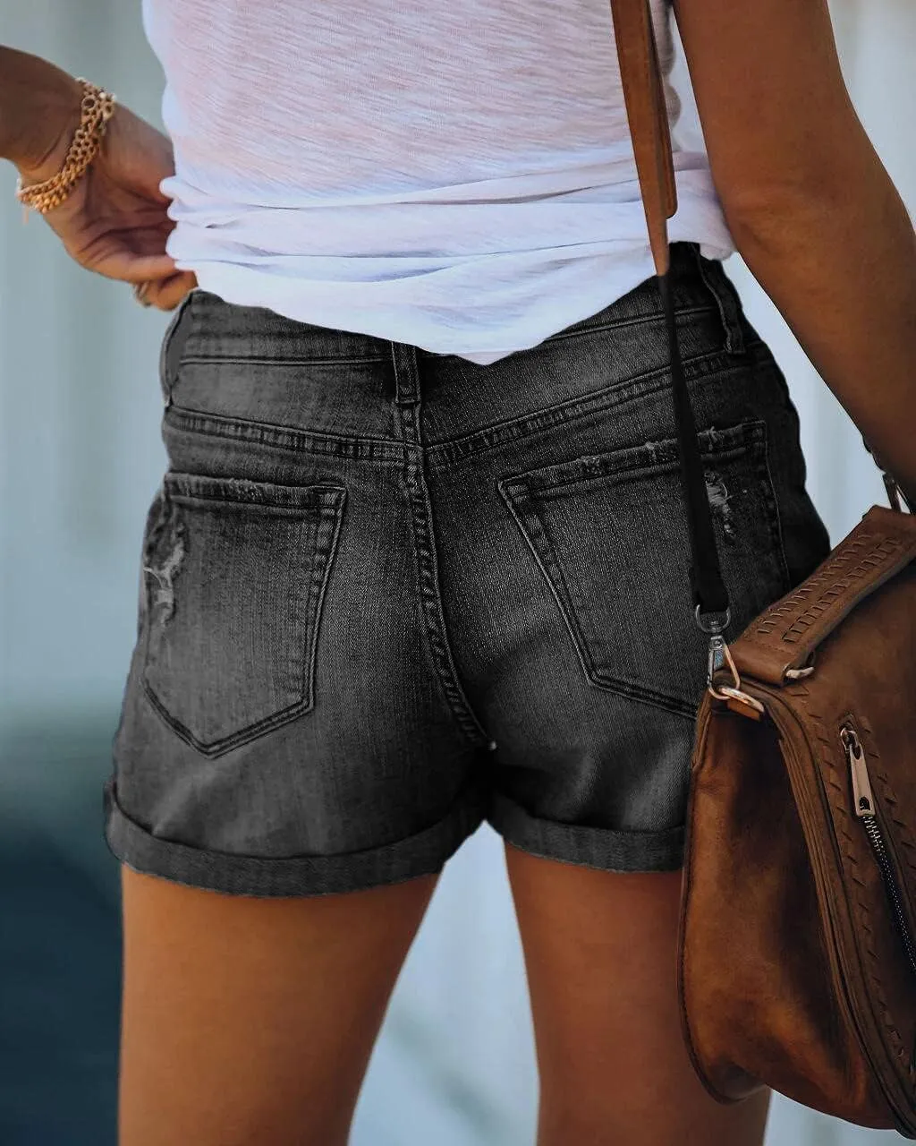 Casual Denim Shorts for Women High Waist Frayed Hem Ripped Summer Jeans Short Hot Pants with Pockets