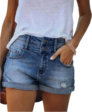 Casual Denim Shorts for Women High Waist Frayed Hem Ripped Summer Jeans Short Hot Pants with Pockets