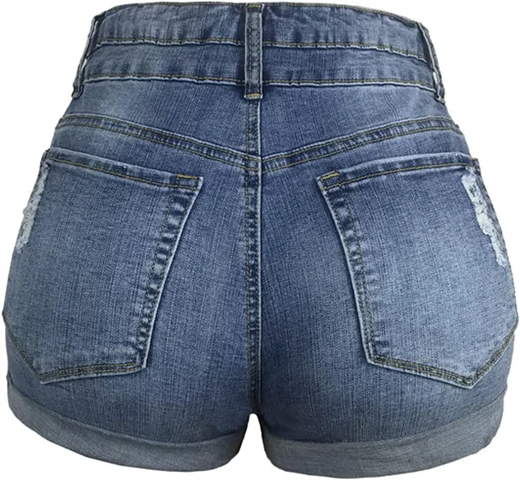 Casual Denim Shorts for Women High Waist Frayed Hem Ripped Summer Jeans Short Hot Pants with Pockets