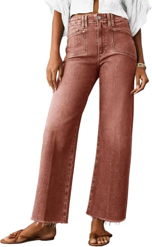 Cicy Bell Womens High Waisted Cropped Jeans Trendy Stretchy Baggy Straight Leg Raw Hem Capri Denim Pants