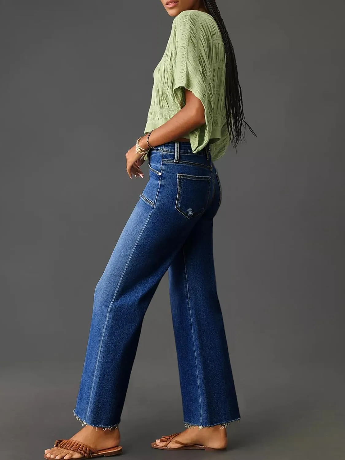 Cicy Bell Womens High Waisted Cropped Jeans Trendy Stretchy Baggy Straight Leg Raw Hem Capri Denim Pants