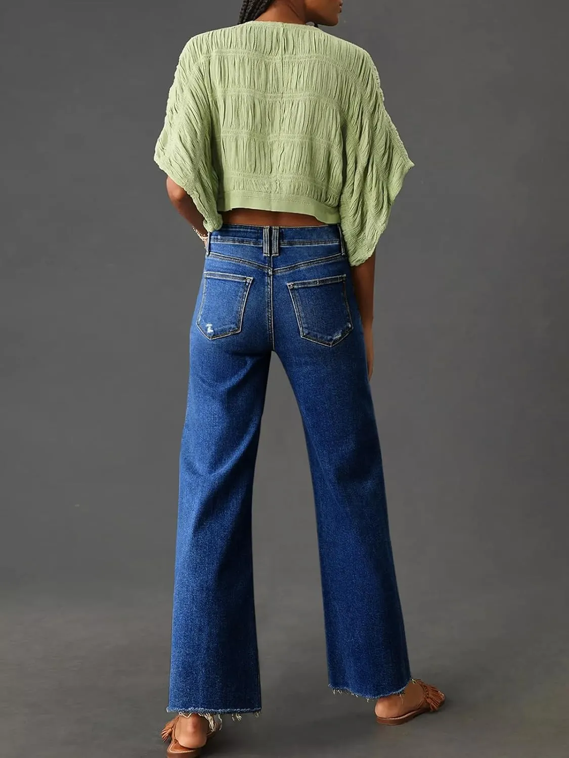 Cicy Bell Womens High Waisted Cropped Jeans Trendy Stretchy Baggy Straight Leg Raw Hem Capri Denim Pants