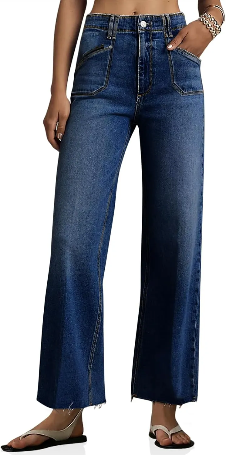 Cicy Bell Womens High Waisted Cropped Jeans Trendy Stretchy Baggy Straight Leg Raw Hem Capri Denim Pants