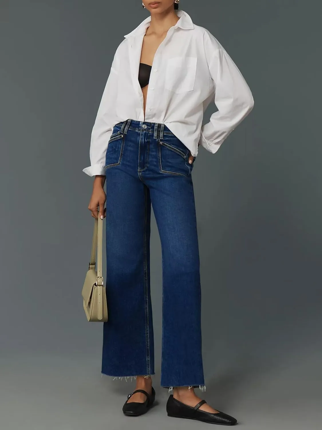 Cicy Bell Womens High Waisted Cropped Jeans Trendy Stretchy Baggy Straight Leg Raw Hem Capri Denim Pants
