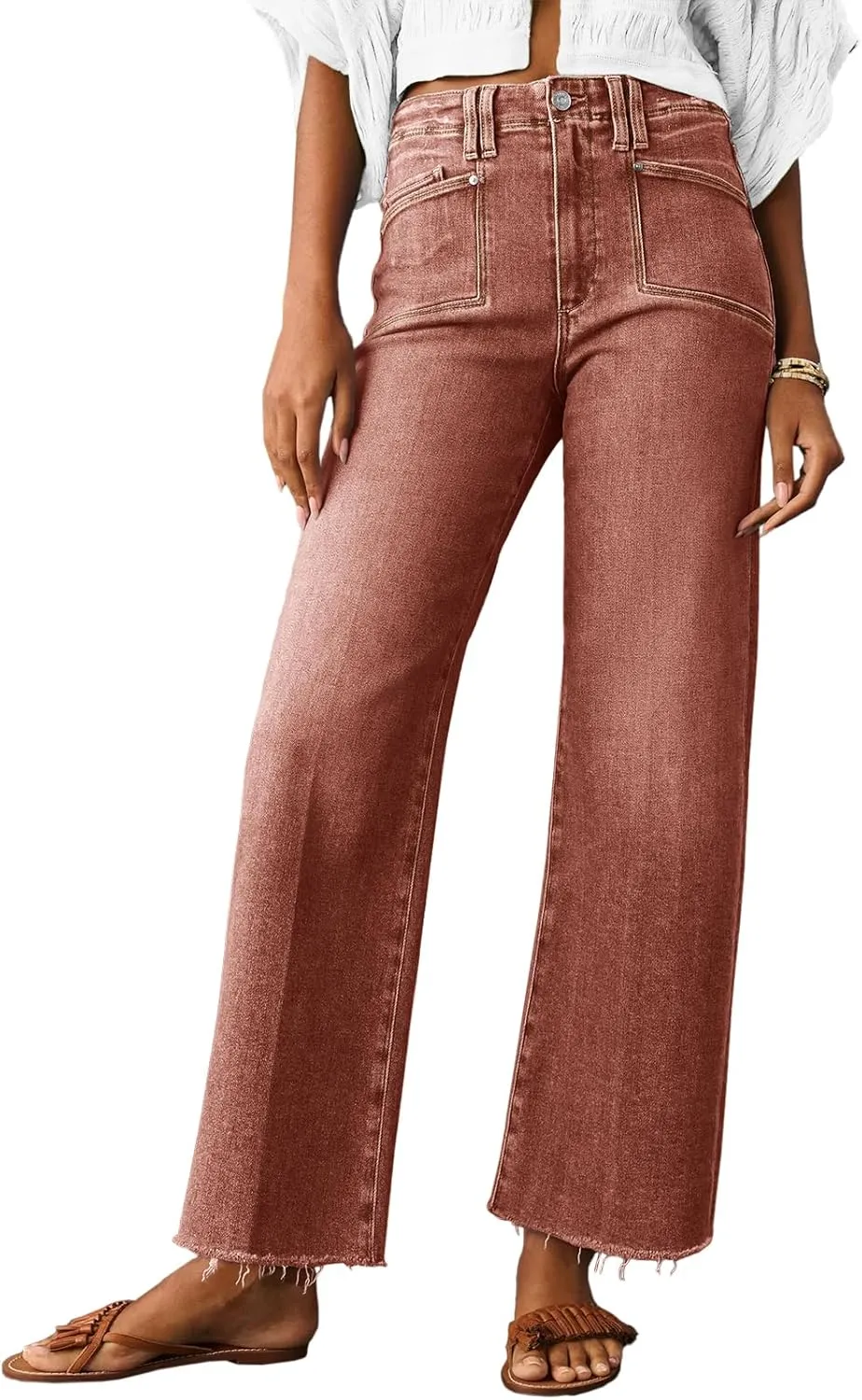 Cicy Bell Womens High Waisted Cropped Jeans Trendy Stretchy Baggy Straight Leg Raw Hem Capri Denim Pants