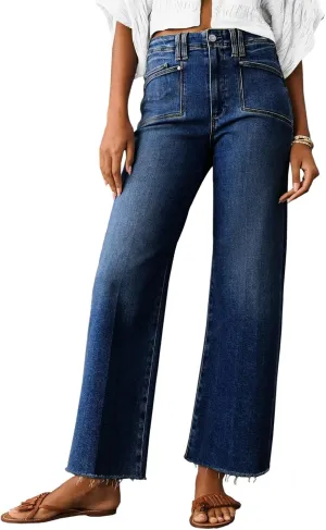 Cicy Bell Womens High Waisted Cropped Jeans Trendy Stretchy Baggy Straight Leg Raw Hem Capri Denim Pants