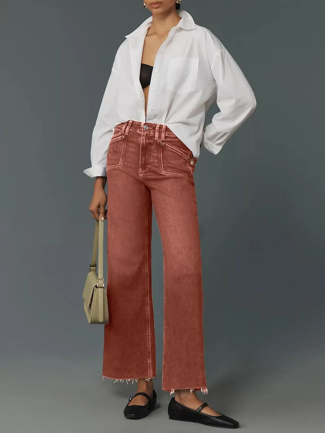 Cicy Bell Womens High Waisted Cropped Jeans Trendy Stretchy Baggy Straight Leg Raw Hem Capri Denim Pants