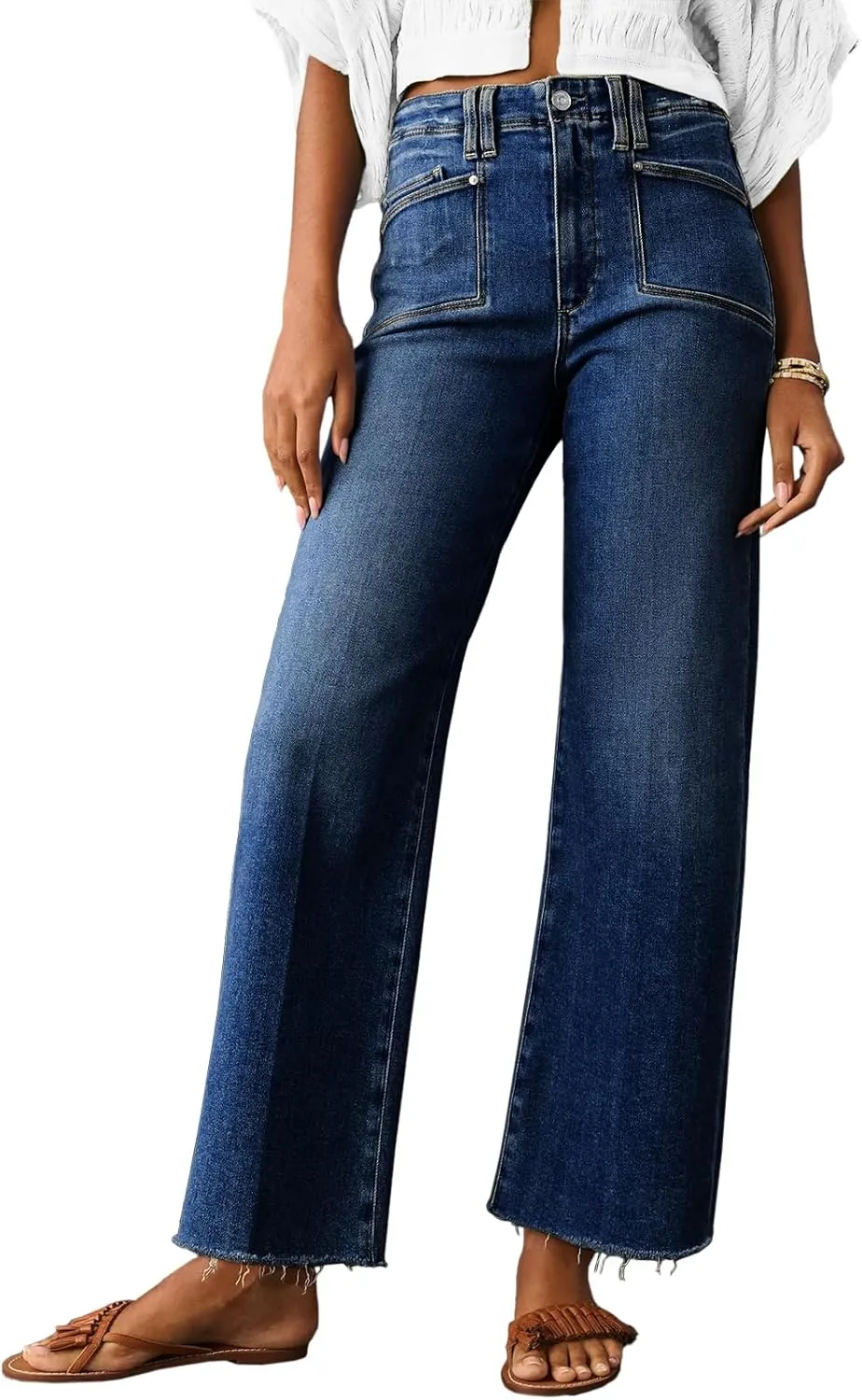 Cicy Bell Womens High Waisted Cropped Jeans Trendy Stretchy Baggy Straight Leg Raw Hem Capri Denim Pants
