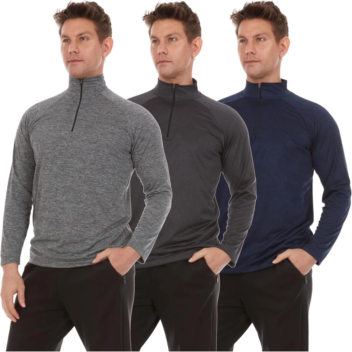 DARESAY Men's Dri-Fit Quarter Zip Long Sleeve Moisture Wicking Pullover, Athletic Quick Dry Tees 3-Pack (Up to 3XL)
