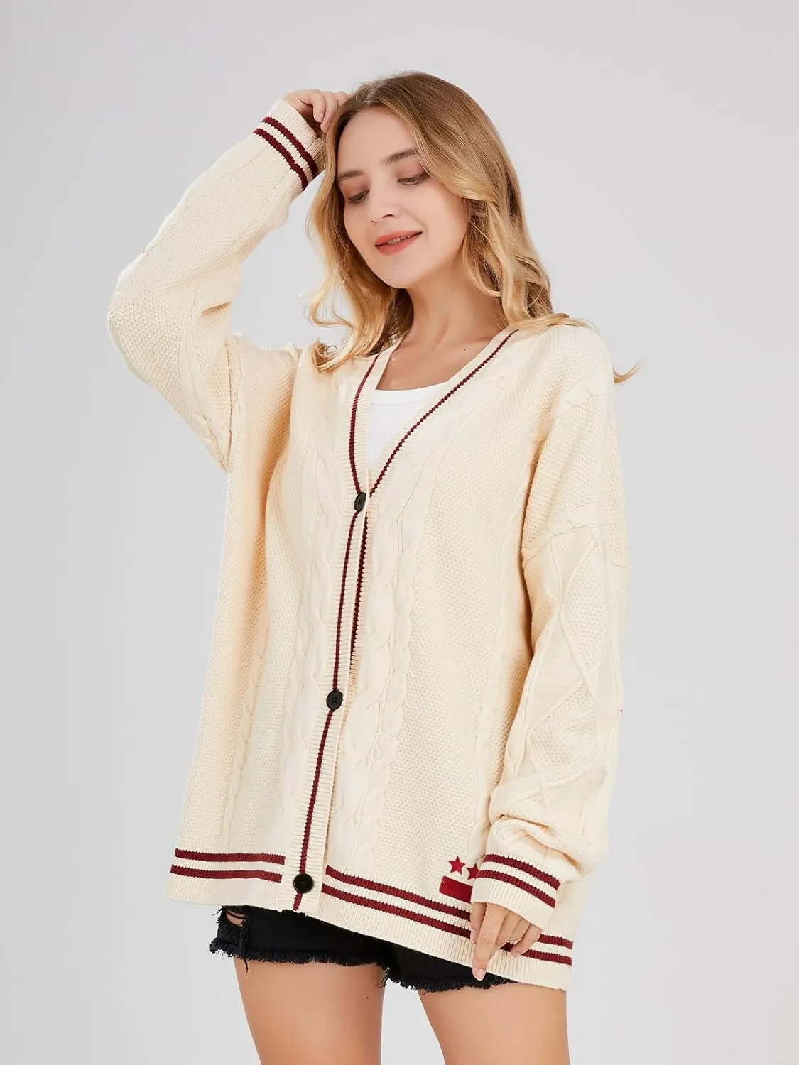 ebossy Women's Open Front Stars Embroideried Cable Knit Cardigans Button Down Sweater Outwear