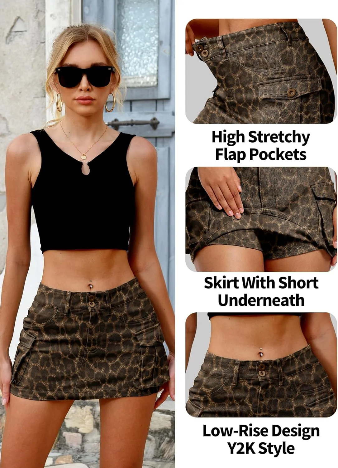 ELLEVEN High Stretchy Denim Cargo Skort for Women, High Waist, Casual Mini Y2K Jean Skirt Shorts with Pockets