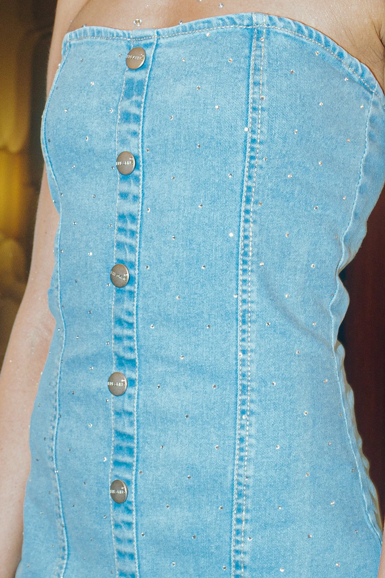 Embellished Front Buttoned Light Blue Dress