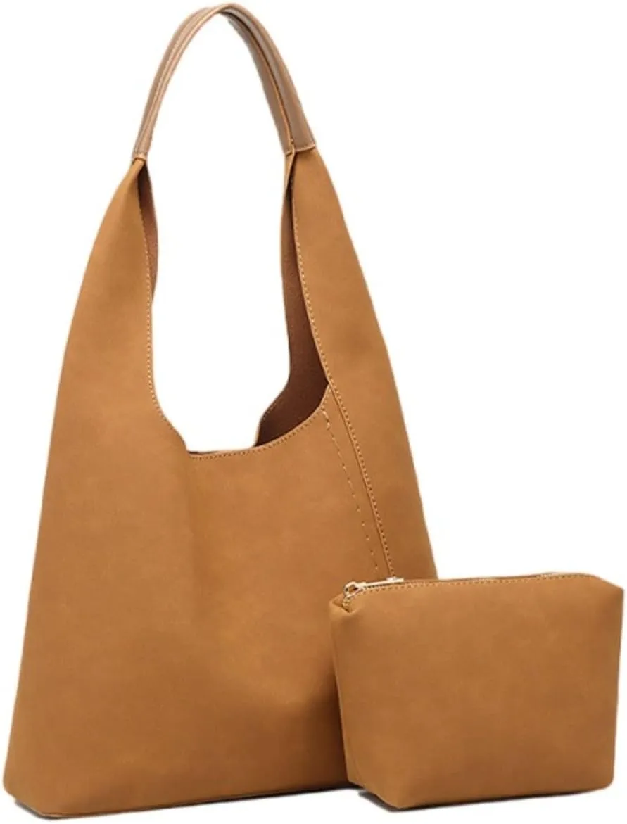 Ethical Vegan Leather Slouchy Hobo & Tote Bags for Women - 2 Pcs Casual Chic Shoulder Purses